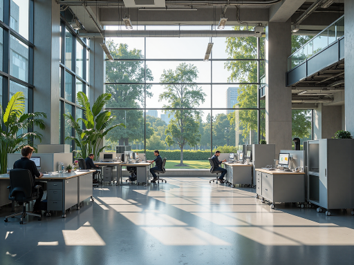 Modern energy solutions with charging stations and renewable energy systems, bright natural lighting, professional business environment